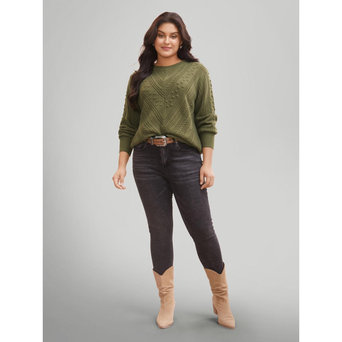 Plus Size Solid Round Neck Cable Knit Pullover ArmyGreen Women Casual Long Sleeve Round Neck Everyday Pullovers BloomChic 18-20/2X Product Image