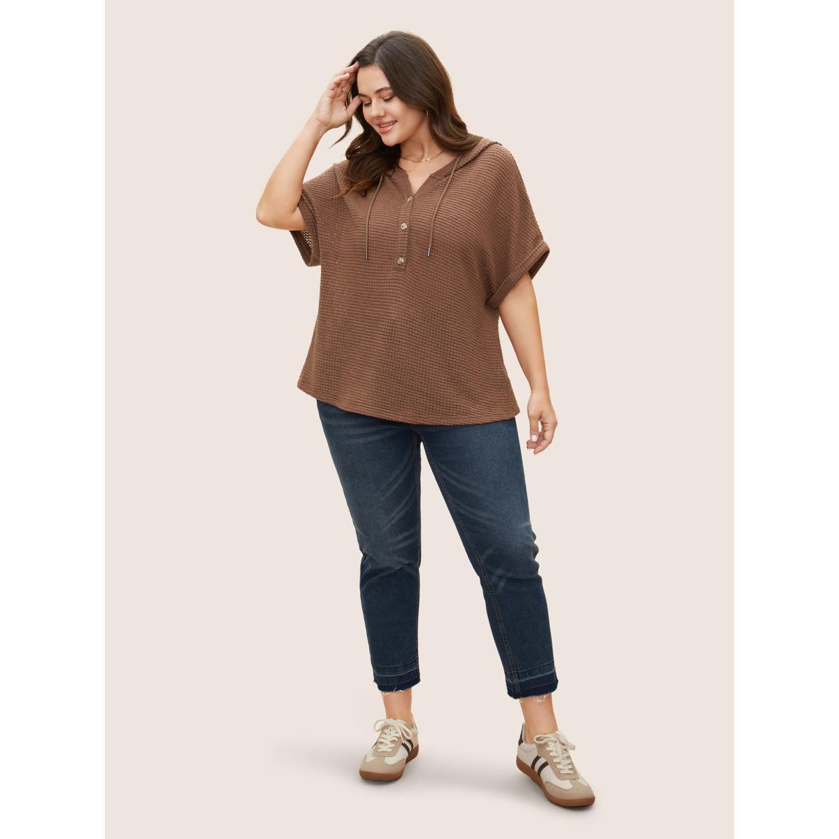 Plus Size Solid Hooded Drawstring Dolman Sleeve T-shirt DarkBrown Women Casual Texture Hooded Everyday T-shirts BloomChic 14-16/1X Product Image