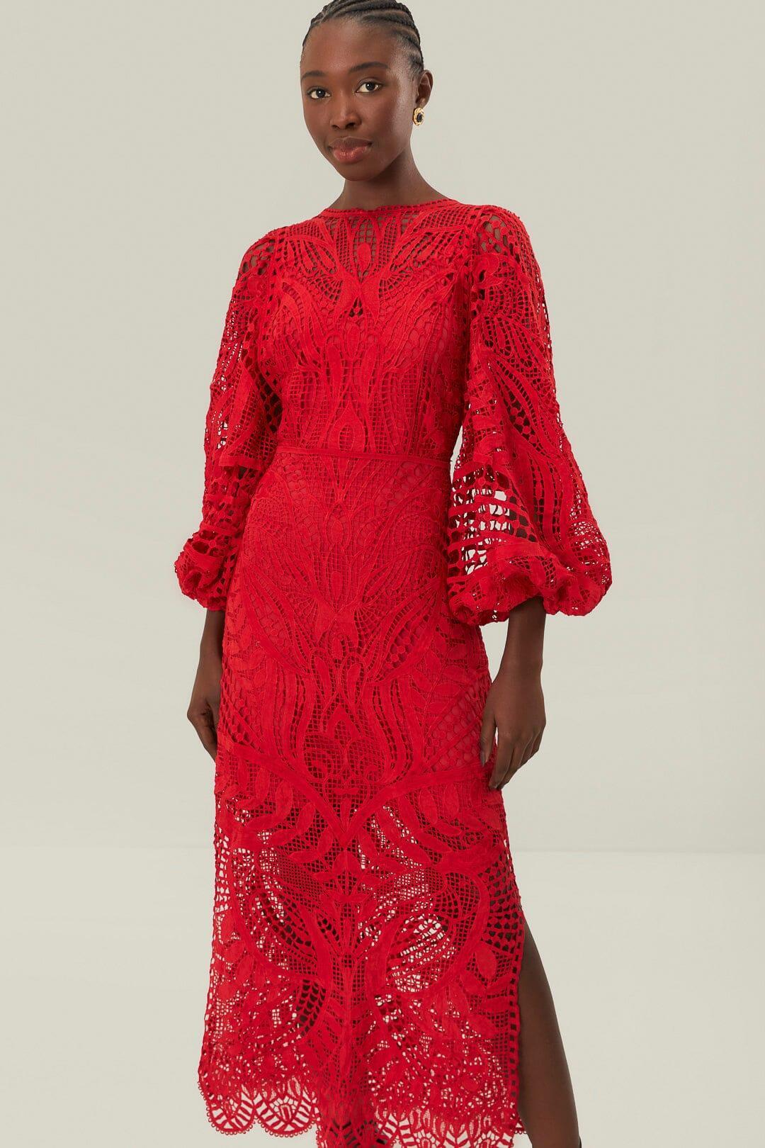 Red Nature Guipure Midi Dress, RED / XXS Product Image