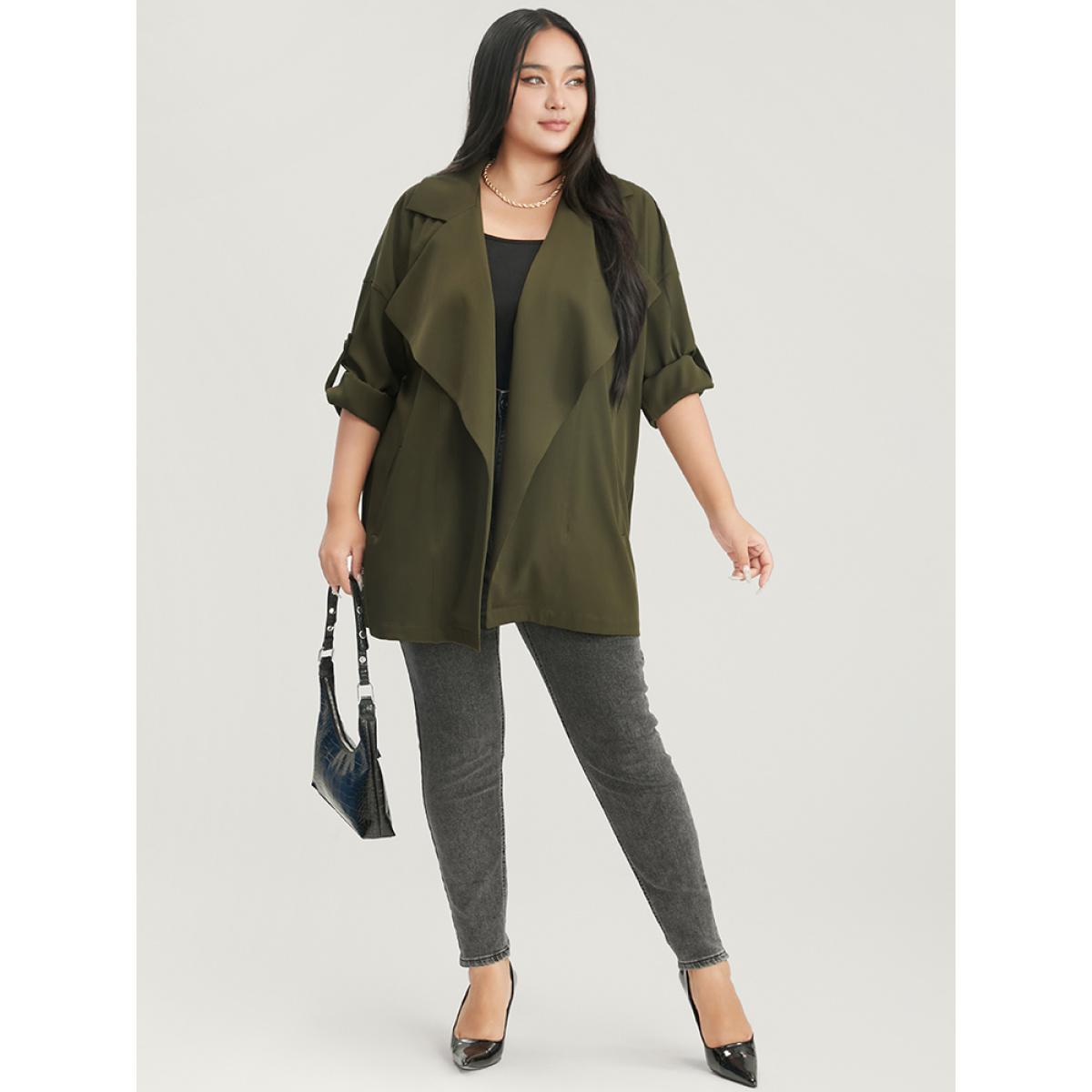Plus Size Solid Pocket Roll Sleeve Waterfall Collar Coat Women ArmyGreen Casual Pocket Ladies Dailywear Winter Coats BloomChic 18-20/2X Product Image