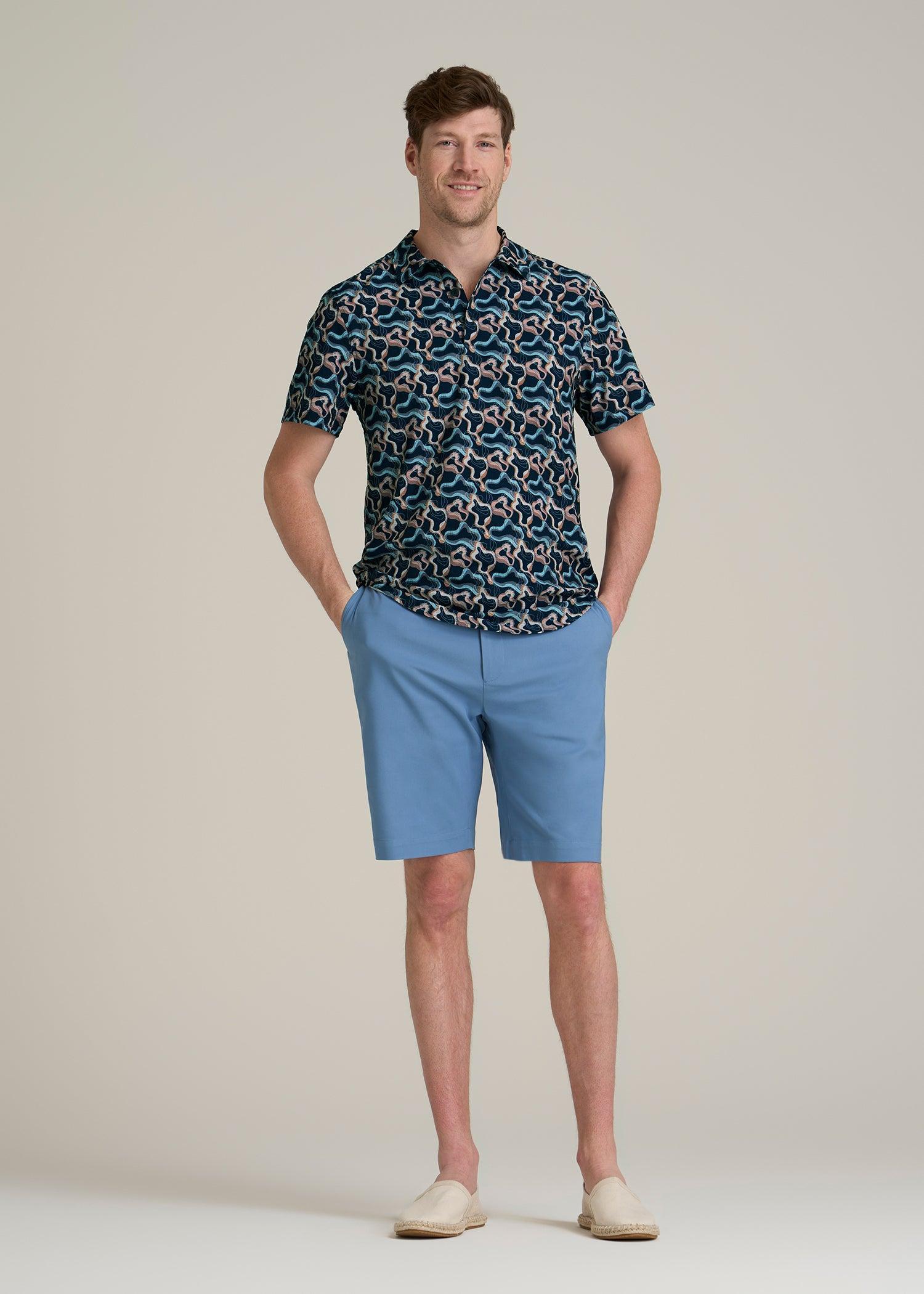 Coastal Perforated Tall Men's Polo Shirt in Blue and Rose Abstract Product Image