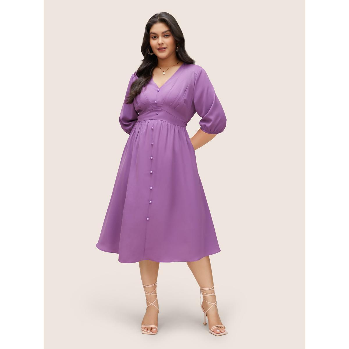 Plus Size Solid Patchwork Pleated Button Detail Dress Mauve Women At the Office Non V-neck Elbow-length sleeve Curvy Midi Dress BloomChic 22-24/3X Product Image