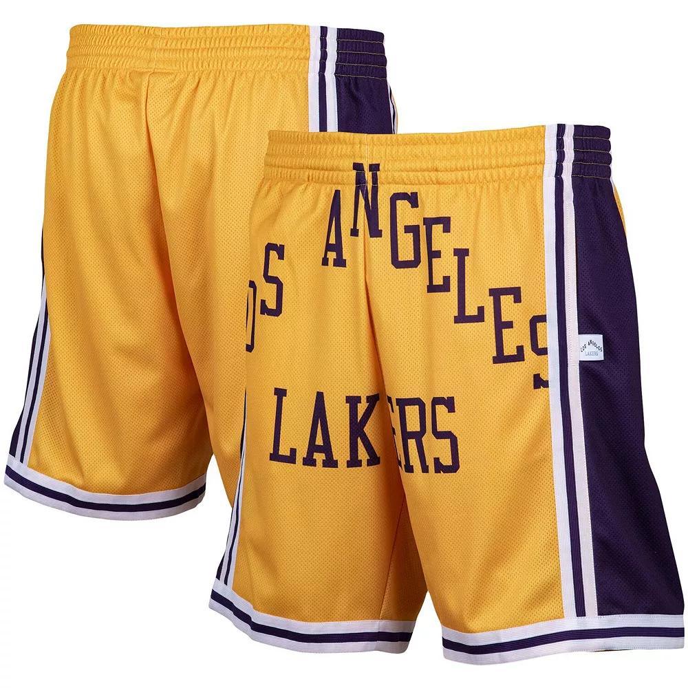 Men's Mitchell & Ness Gold Los Angeles Lakers Hardwood Classics Big Face 2.0 Shorts, Size: Small Product Image