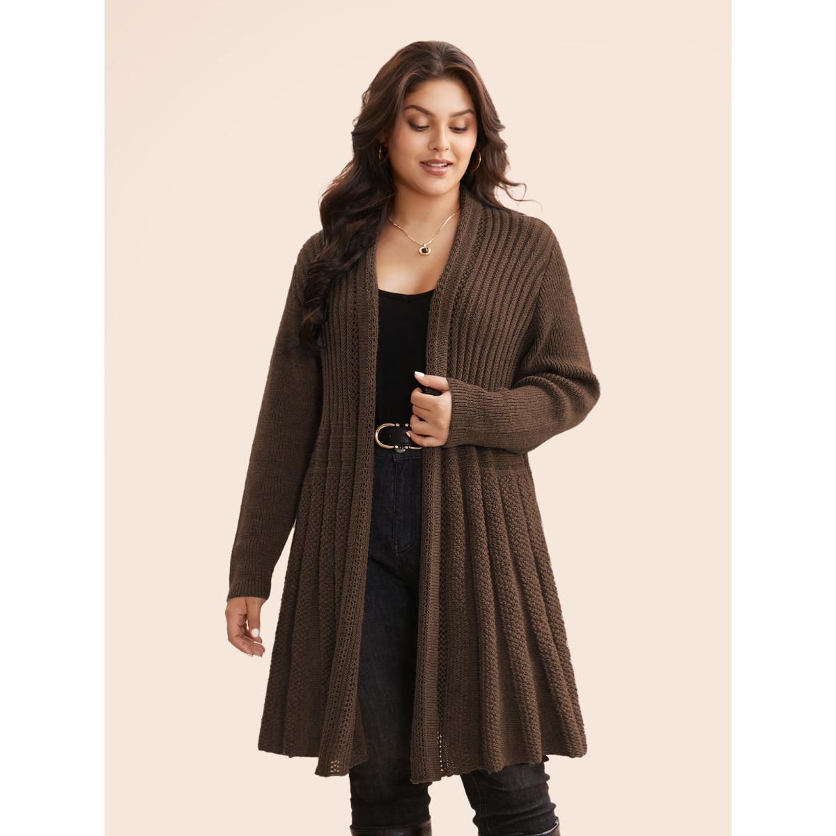 Plus Size Plain Textured Kimono Collar Cardigan Browncoffeecolor Women Casual Loose Long Sleeve Everyday Cardigans BloomChic 22-24/3X Product Image