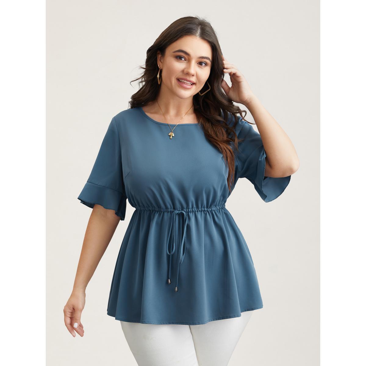 Plus Size Cerulean Ruffled Edge Sleeve Waist-Tie Shirt Women Casual Half Sleeve Round Neck Everyday Blouses BloomChic 14-16/1X Product Image