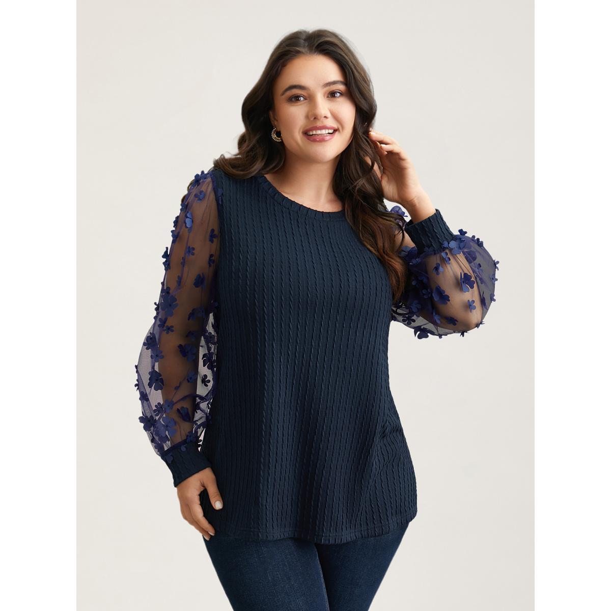 Plus Size Sheer Sleeve Textured Patchwork Round Neck T-Shirt Indigo Women Elegant Texture Round Neck Everyday T-shirts BloomChic 14-16/1X Product Image