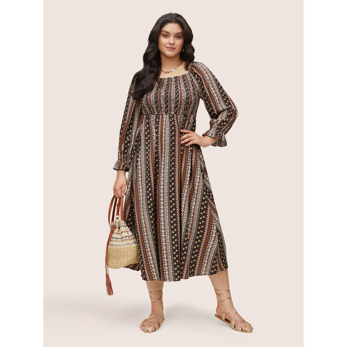Plus Size Bandana Print Square Neck Shirred Gathered Dress Multicolor Women Vacation Gathered Square Neck Long Sleeve Curvy Midi Dress BloomChic 14-16/1X Product Image