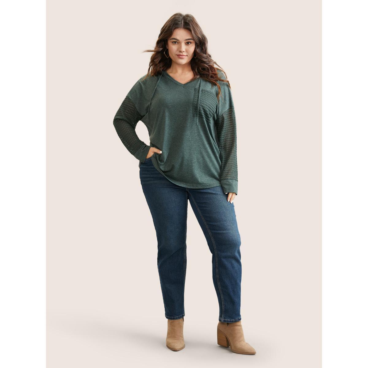 Plus Size Solid Heather Patched Pocket Textured T-shirt Cyan Women Casual Texture Plain Hooded Everyday T-shirts BloomChic 12/L Product Image