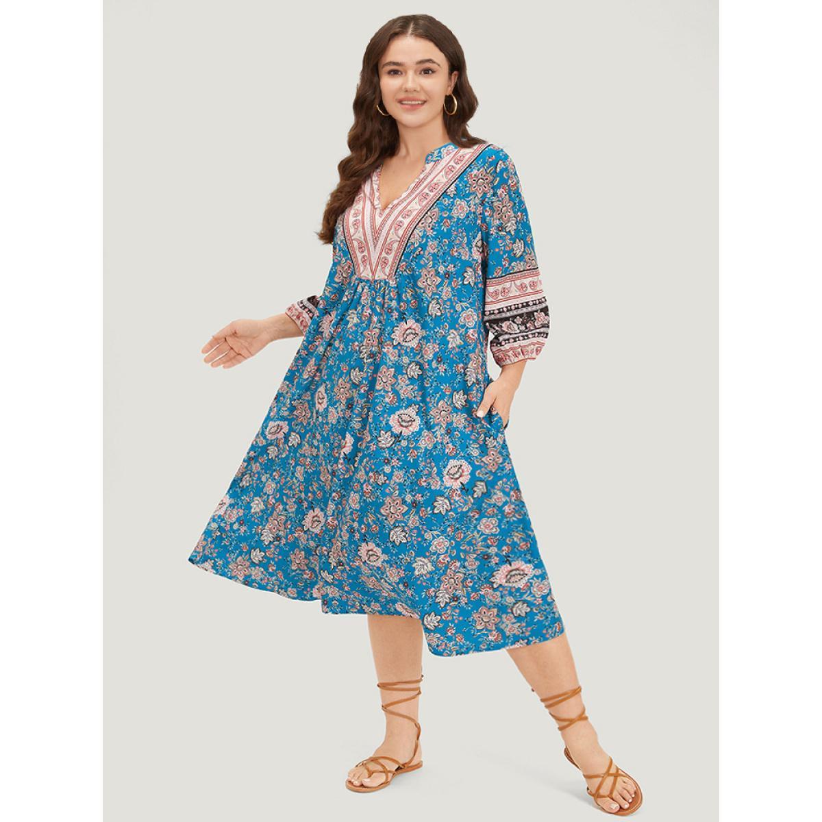Plus Size Floral Print Notched Lantern Sleeve Contrast Dress Teal Women Vacation Elastic cuffs Notched collar Long Sleeve Curvy Midi Dress BloomChic 28/5X Product Image