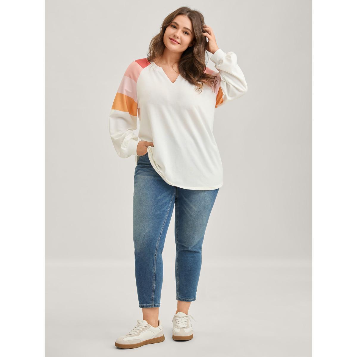 Plus Size Color Block Notched Collar Sweatshirt Women WhiteSmoke Contrast Flat collar with V-notch Everyday-Casual Sweatshirts BloomChic 22-24/3X Product Image