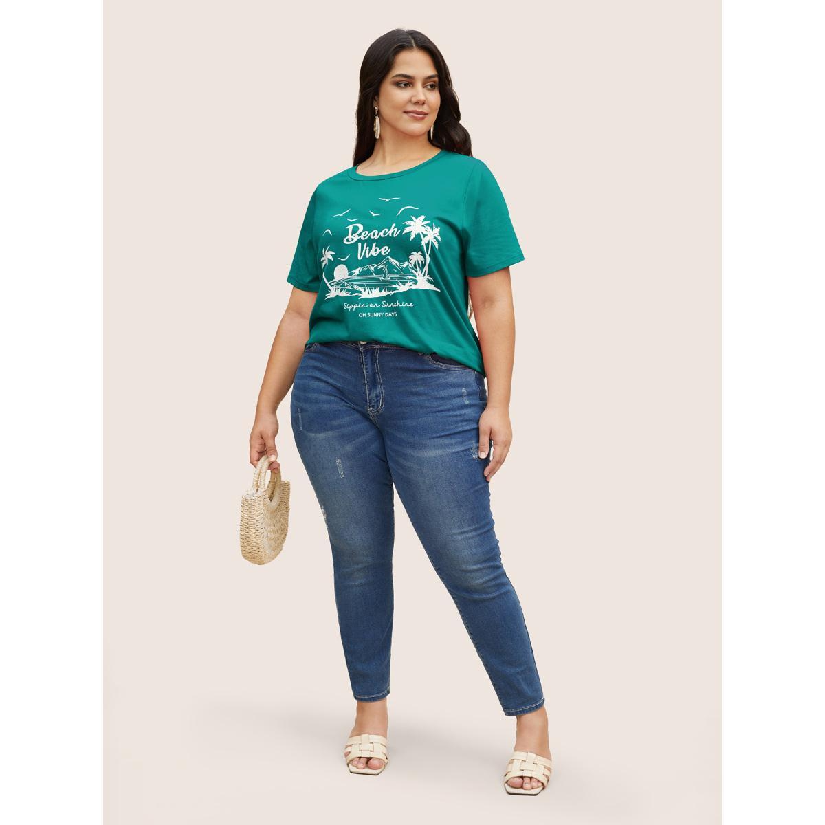 Plus Size Tropical Coconut Tree Print Round Neck T-shirt Teal Women Resort Contrast Art&design Round Neck Vacation T-shirts BloomChic 18-20/2X Product Image