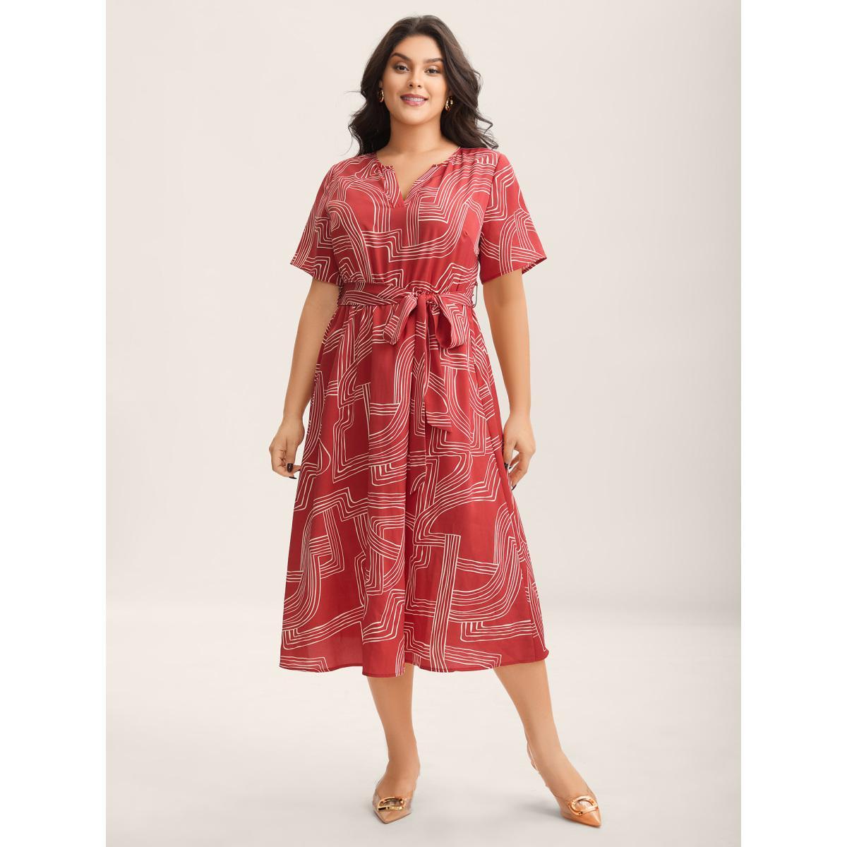 Plus Size Geometric Print Belted Pockets Midi Dress Maroon Women Notched collar Short sleeve Curvy BloomChic 12/L Product Image