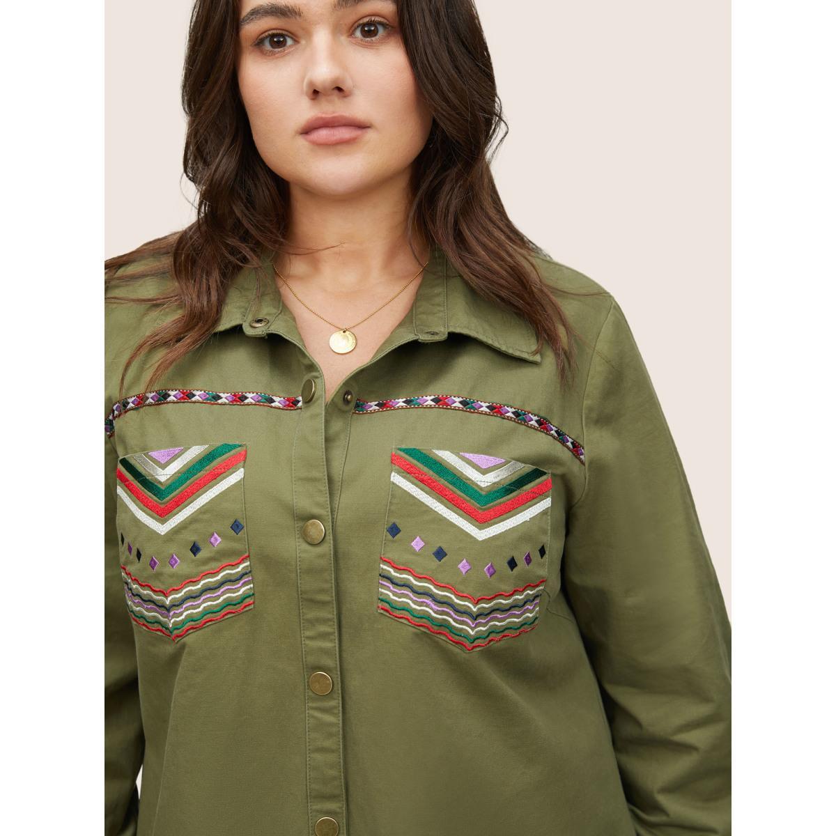 Plus Size Bandana Embroidered Patched Pocket Jacket Women ArmyGreen Non Patch pocket Everyday Jackets BloomChic 18-20/2X Product Image
