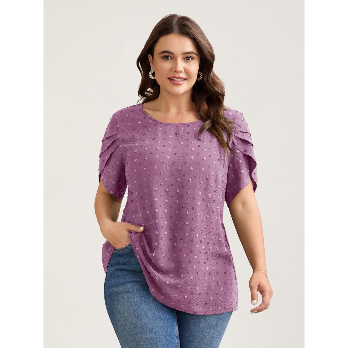 Plus Size Lilac Textured Color Contrast Petal Sleeve Blouse Women Elegant Short sleeve Round Neck Everyday Blouses BloomChic 26/4X Product Image