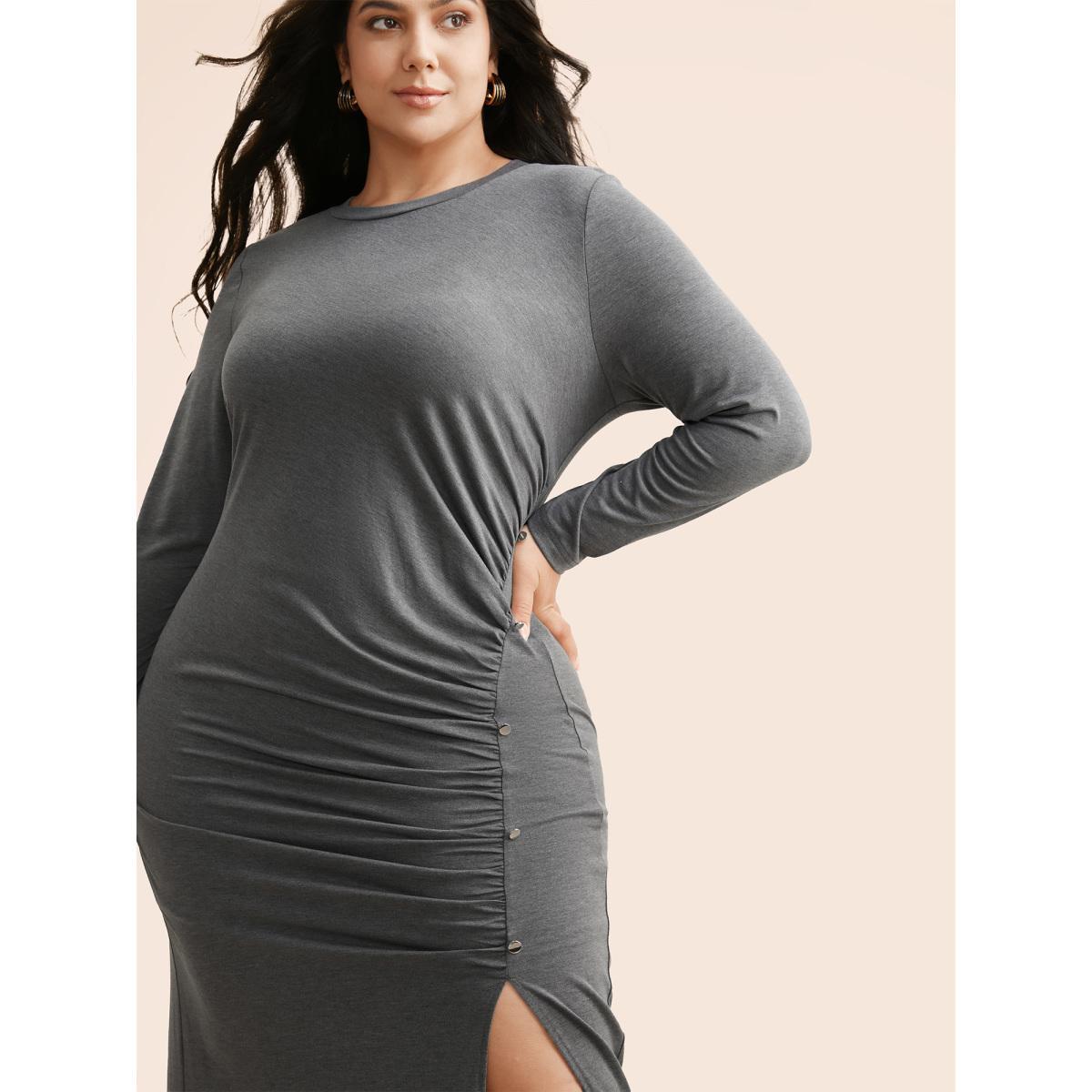 Plus Size Solid Ruched Split Hem Dress DimGray Women Elegant Gathered Round Neck Long Sleeve Curvy BloomChic 30/6X Product Image