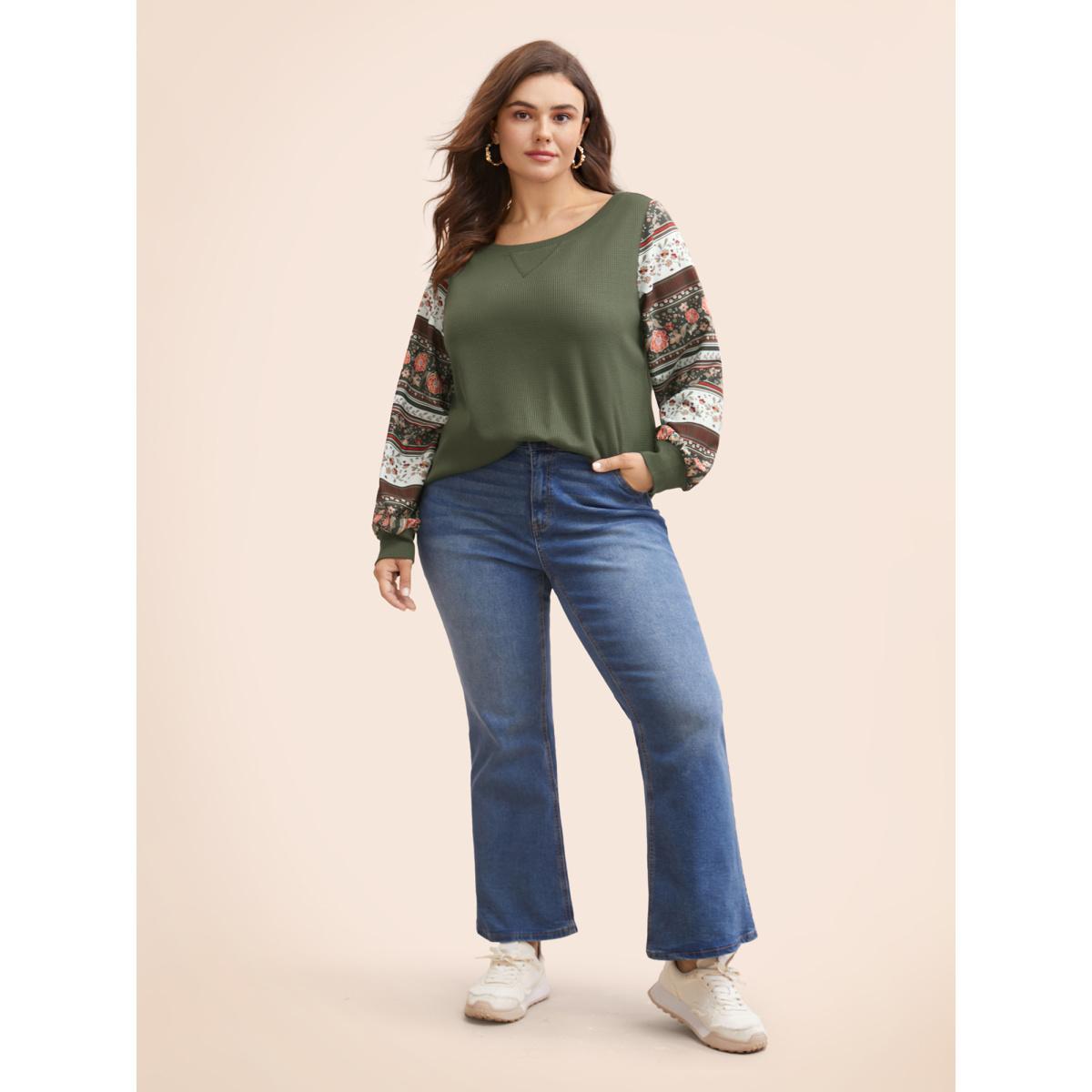 Plus Size Boho Print Patchwork Crew Neck Sweatshirt Women ArmyGreen Casual Elastic cuffs Round Neck Everyday Sweatshirts BloomChic 18-20/2X Product Image
