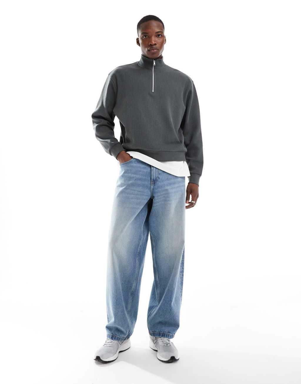 ASOS DESIGN oversized quarter zip funnel sweatshirt in waffle gray Product Image