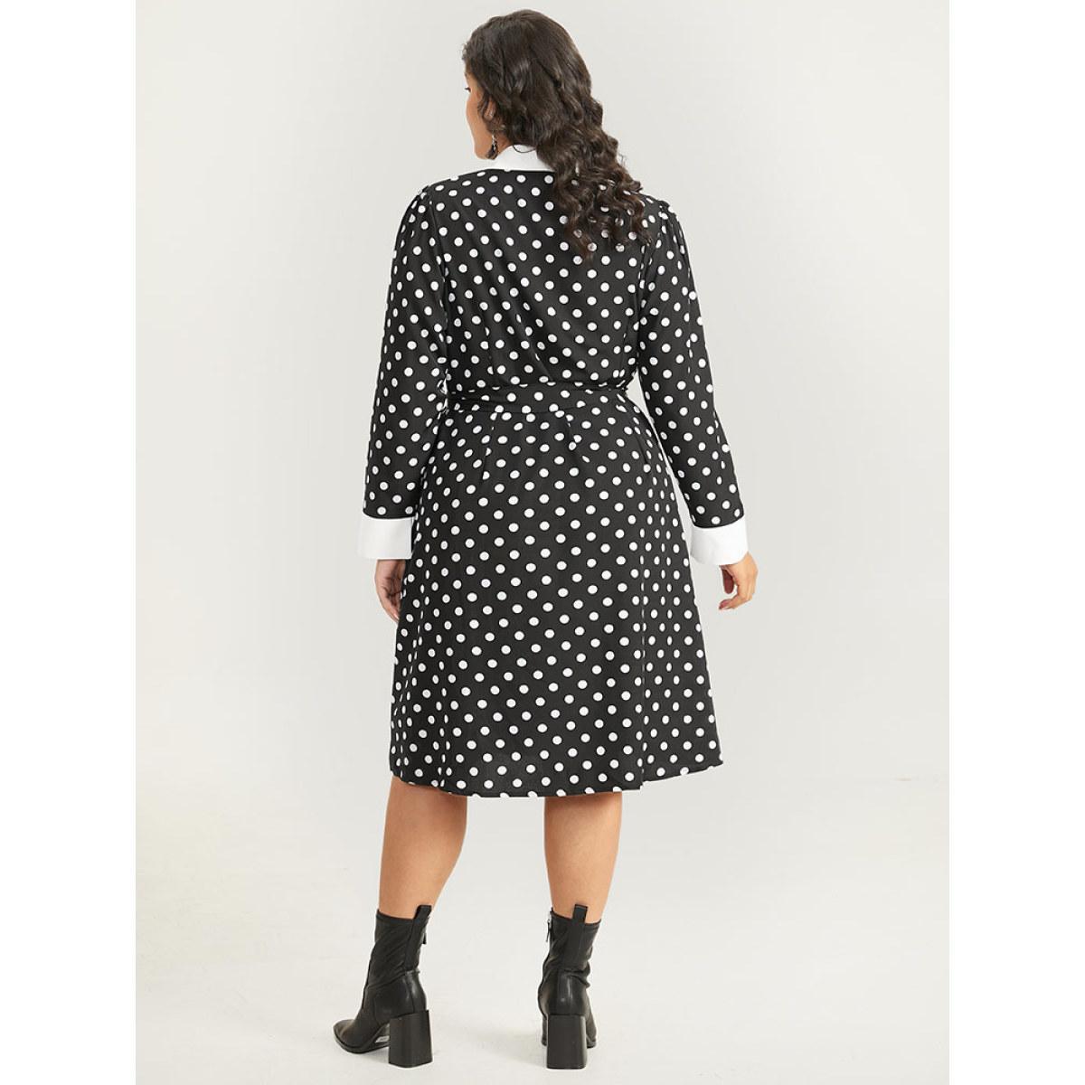 Plus Size Halloween Polka Dot Shirt Collar Button Up Belted Dress Black Women Office Belted Shirt collar Long Sleeve Curvy Midi Dress BloomChic 26/4X Product Image