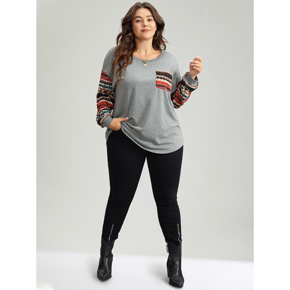 Plus Size Bandana Print Patchwork Patched Pocket Sweatshirt Women Gray Casual Elastic cuffs Round Neck Festival-Christmas Sweatshirts BloomChic 28/5X Product Image
