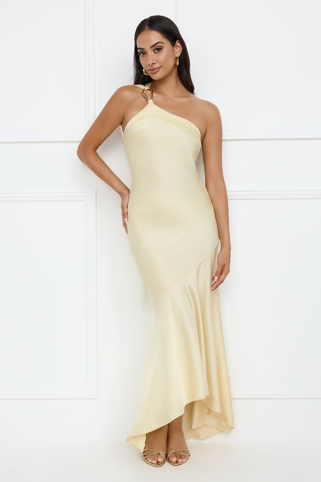 Masquerade Energy One Shoulder Satin Maxi Dress Yellow Product Image