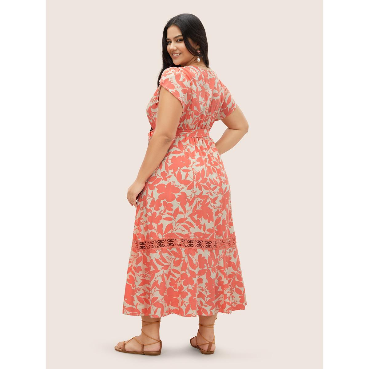 Plus Size Silhouette Floral Print Lace Trim Petal Sleeve Dress Salmon Women Resort Overlapping V-neck Cap Sleeve Curvy Midi Dress BloomChic 30/6X Product Image