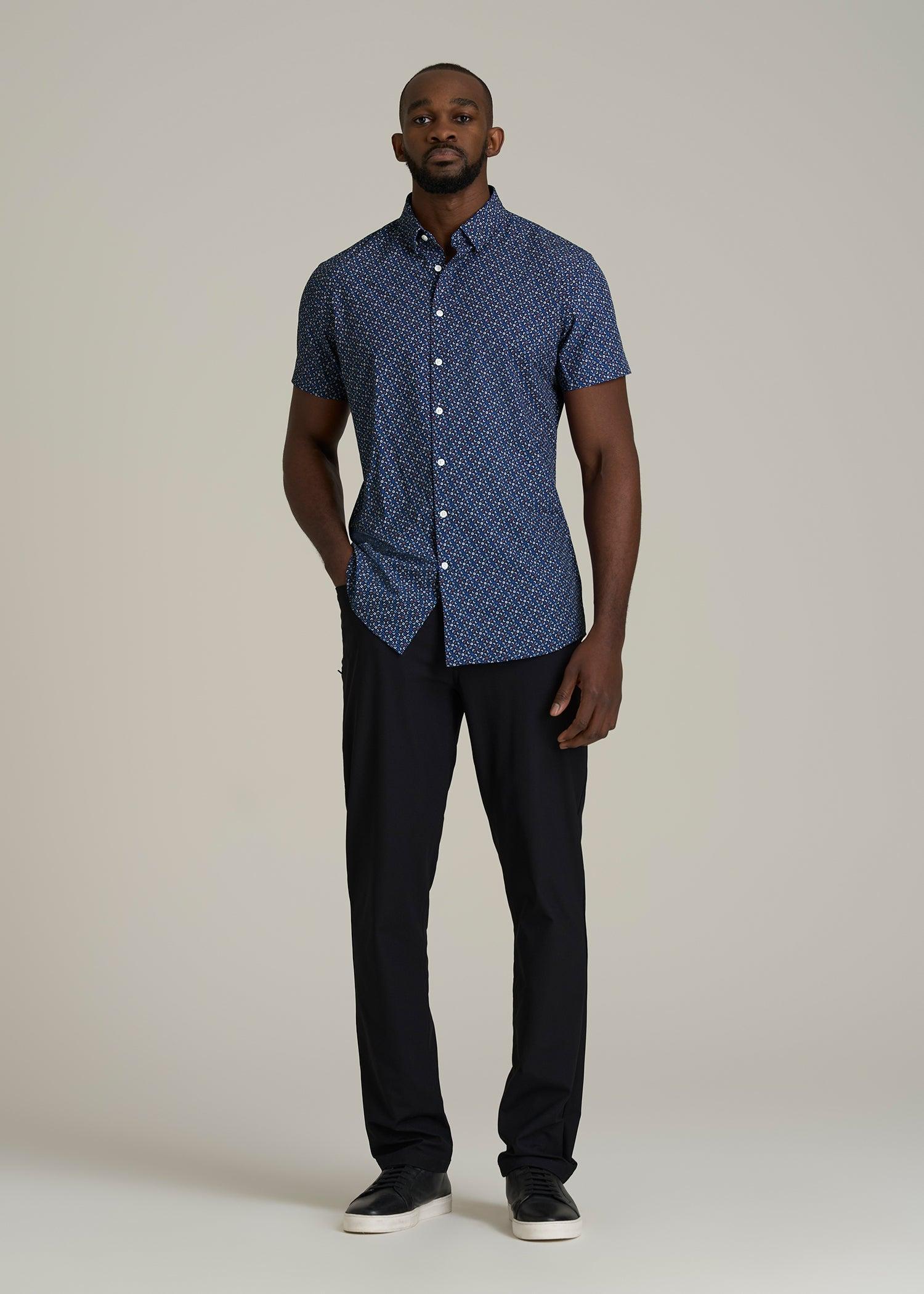 Short Sleeve Traveler Stretch Button Shirt for Tall Men in Blue Fleck Product Image