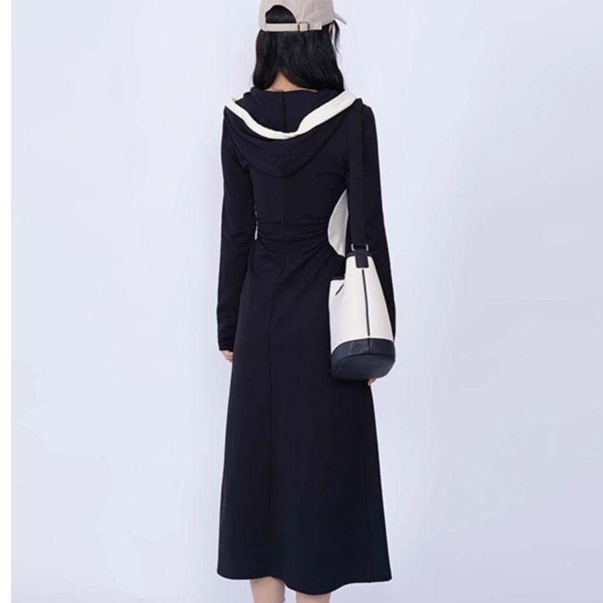 Long Sleeve Hooded Contrast Trim Midi A-Line Dress Product Image