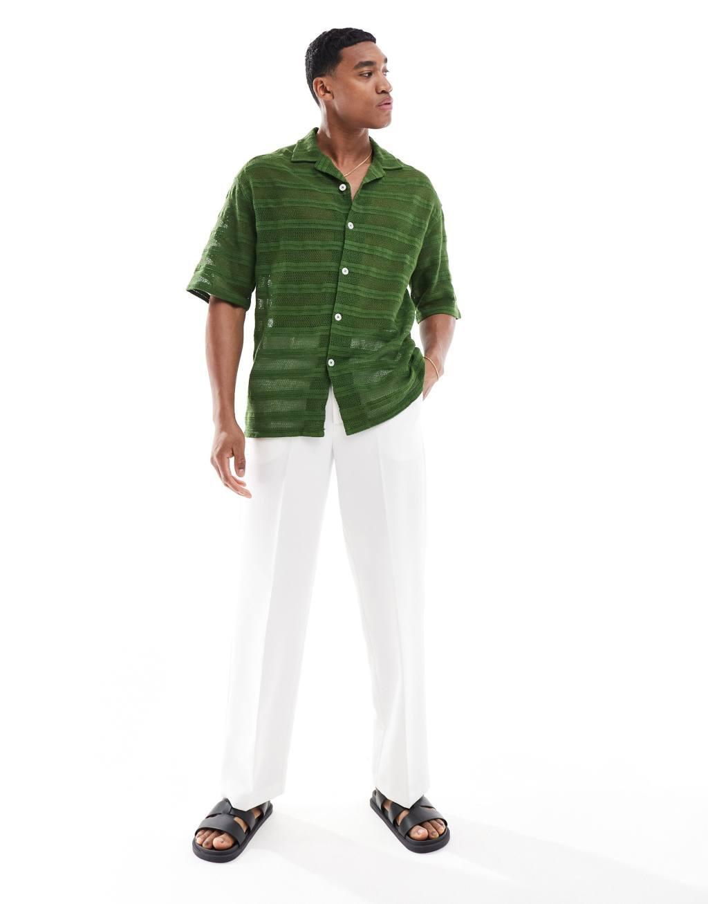 ASOS DESIGN oversized camp collar shirt in horizontal crochet lace Product Image