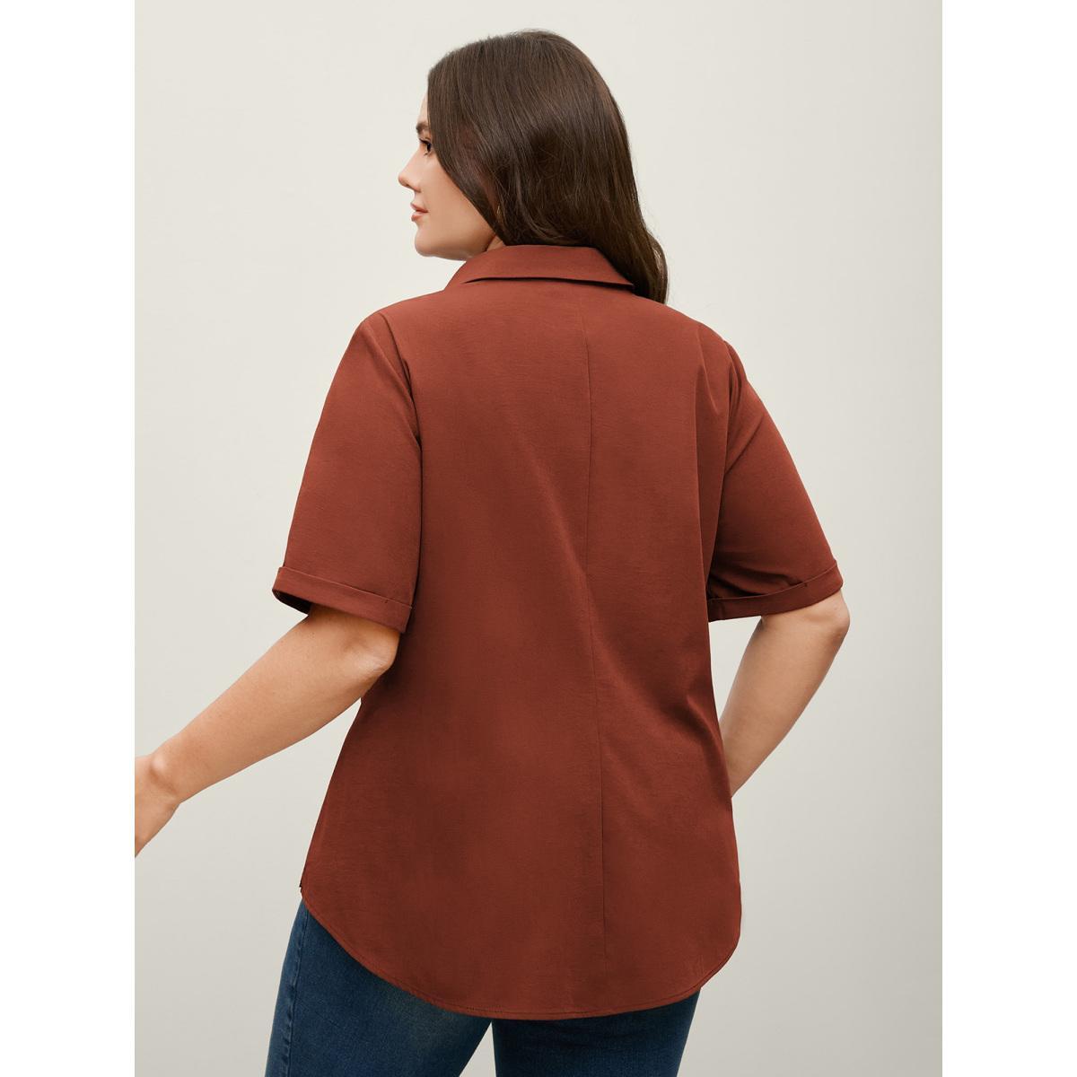 Plus Size ArmyGreen Knotted Front Asymmetrical Hem Blouse Women Short sleeve Shirt collar Work Blouses BloomChic 26/4X Product Image
