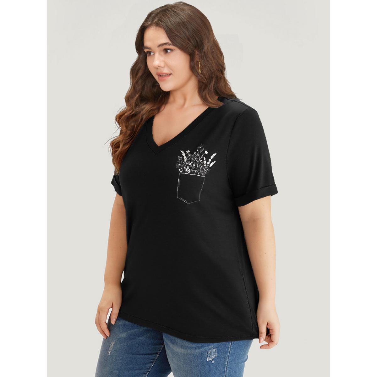 Plus Size Solid Heather Plants Print V Neck T-shirt Black Women Casual Printed Natural Flowers Dailywear T-shirts BloomChic 26/4X Product Image