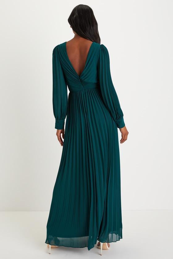 Sophisticated Grace Emerald Green Pleated Long Sleeve Maxi Dress Product Image