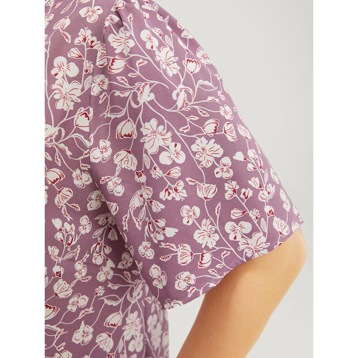 Plus Size Mauve Ditsy Floral Button Up Frill Trim Notched Blouse Women Elegant Short sleeve Notched collar Dailywear Blouses BloomChic 12/L Product Image