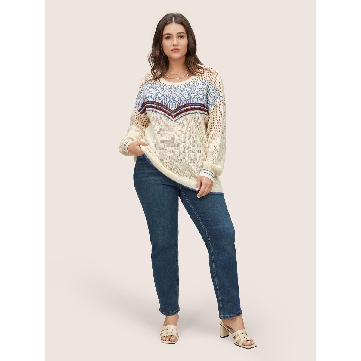 Plus Size Graphic Contrast Patchwork Hollow Out Pullover Beige Women Casual Long Sleeve Round Neck Everyday Pullovers BloomChic 26/4X Product Image