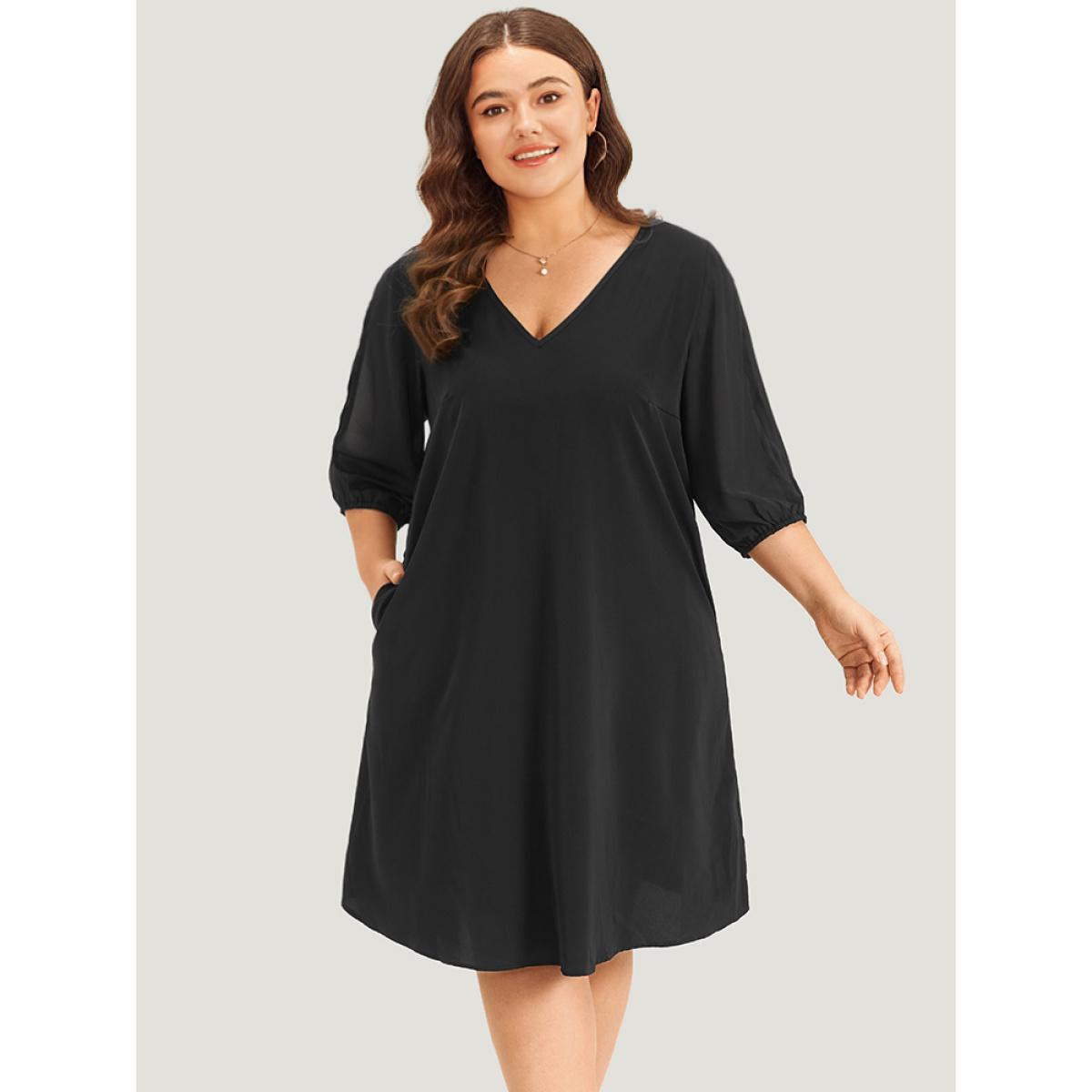 Plus Size Solid Pocket Cut Out V Neck Dress Black Women Office Elastic cuffs V-neck Elbow-length sleeve Curvy Knee Dress BloomChic 12/L Product Image