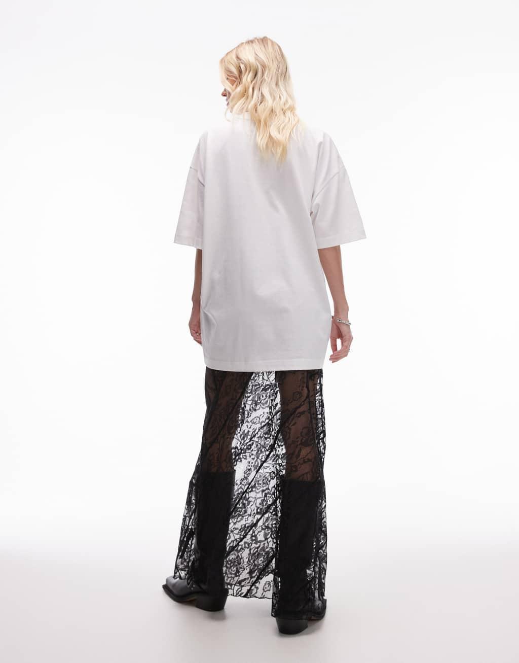 Topshop sheer diagonal tiered floral lace maxi skirt in black Product Image