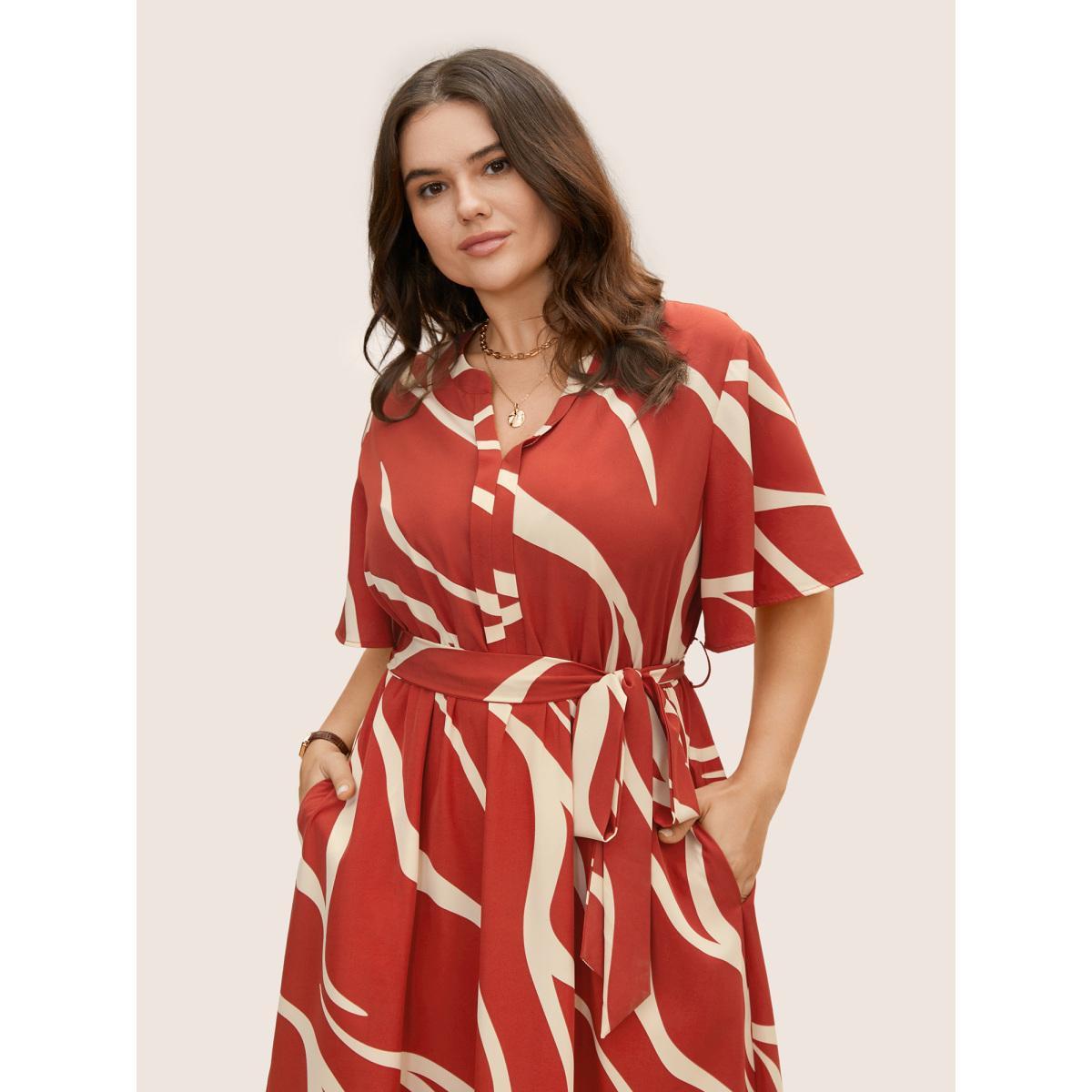Plus Size Geometric Surplice Neck Tie Knot Midi Dress Rust Women At the Office Belted Flat collar with V-notch Short sleeve Curvy BloomChic 14-16/1X Product Image