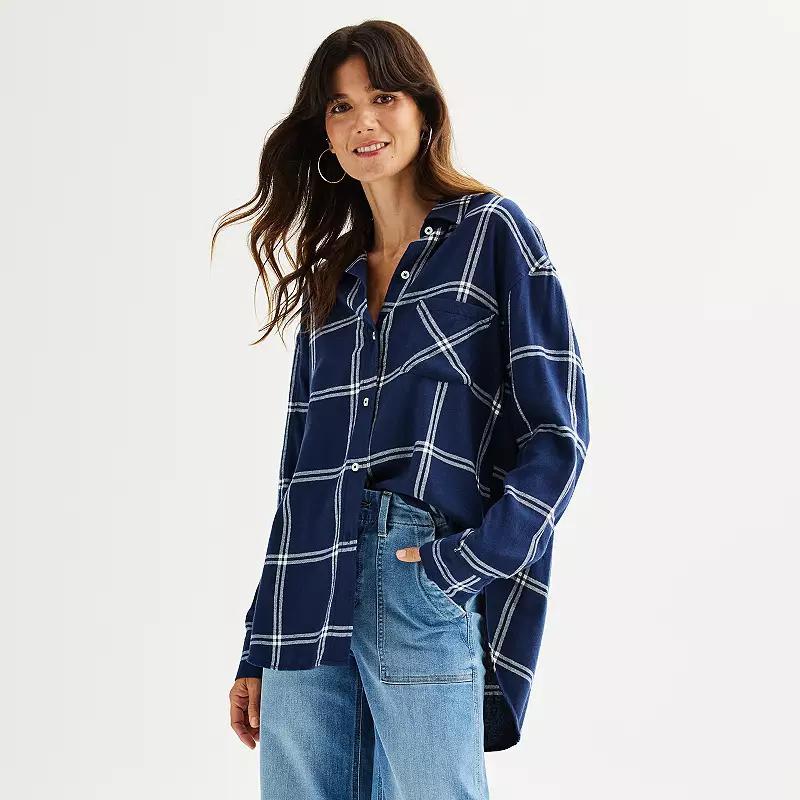 Petite Sonoma Goods For Life® Oversized Boyfriend Flannel, Women's, Size: Large Petite, Dark Purple Plaid Product Image