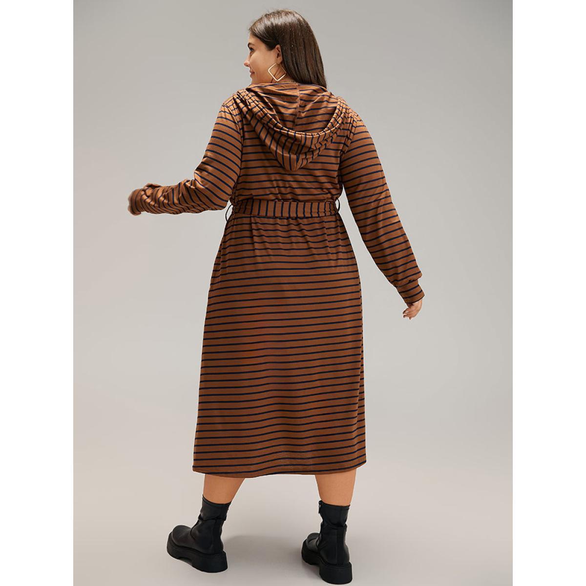 Plus Size Striped Belted Zipper Drawstring Dress Brown Women Casual Belted Hooded Long Sleeve Curvy Midi Dress BloomChic 10/M Product Image