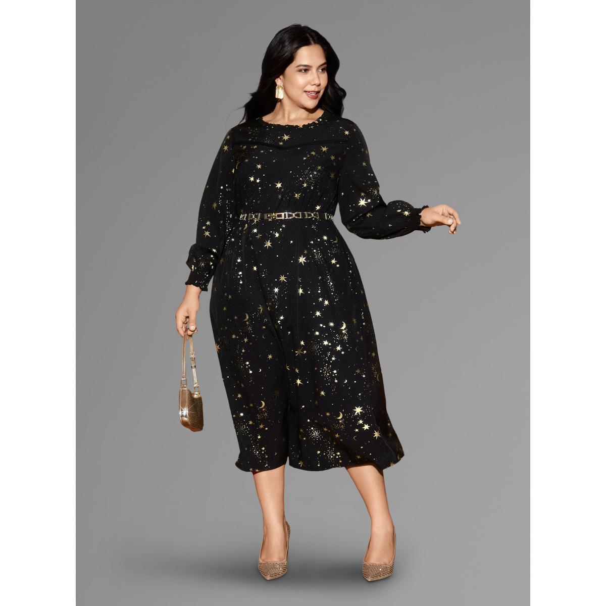 Plus Size Star Printed Lace Neckline Midi Dress Black Women Cocktail Frill Trim Party Curvy Bloomchic 12/L Product Image