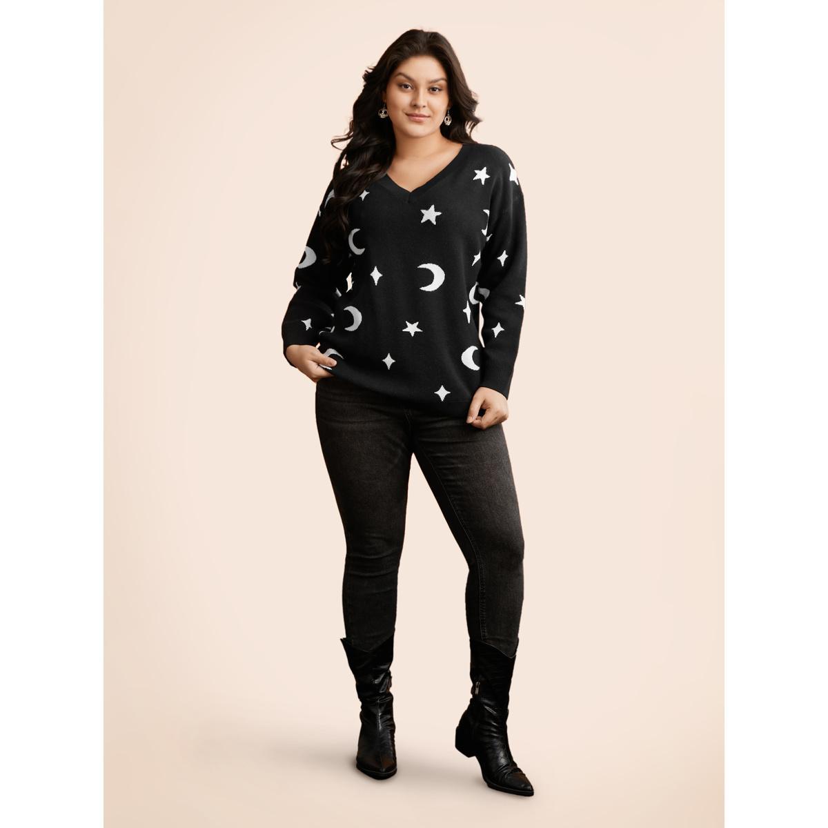 Plus Size Supersoft Essentials Celestial Jacquard V-Neck Pullover Black Women Casual Long Sleeve V-neck Everyday Pullovers BloomChic 22-24/3X Product Image