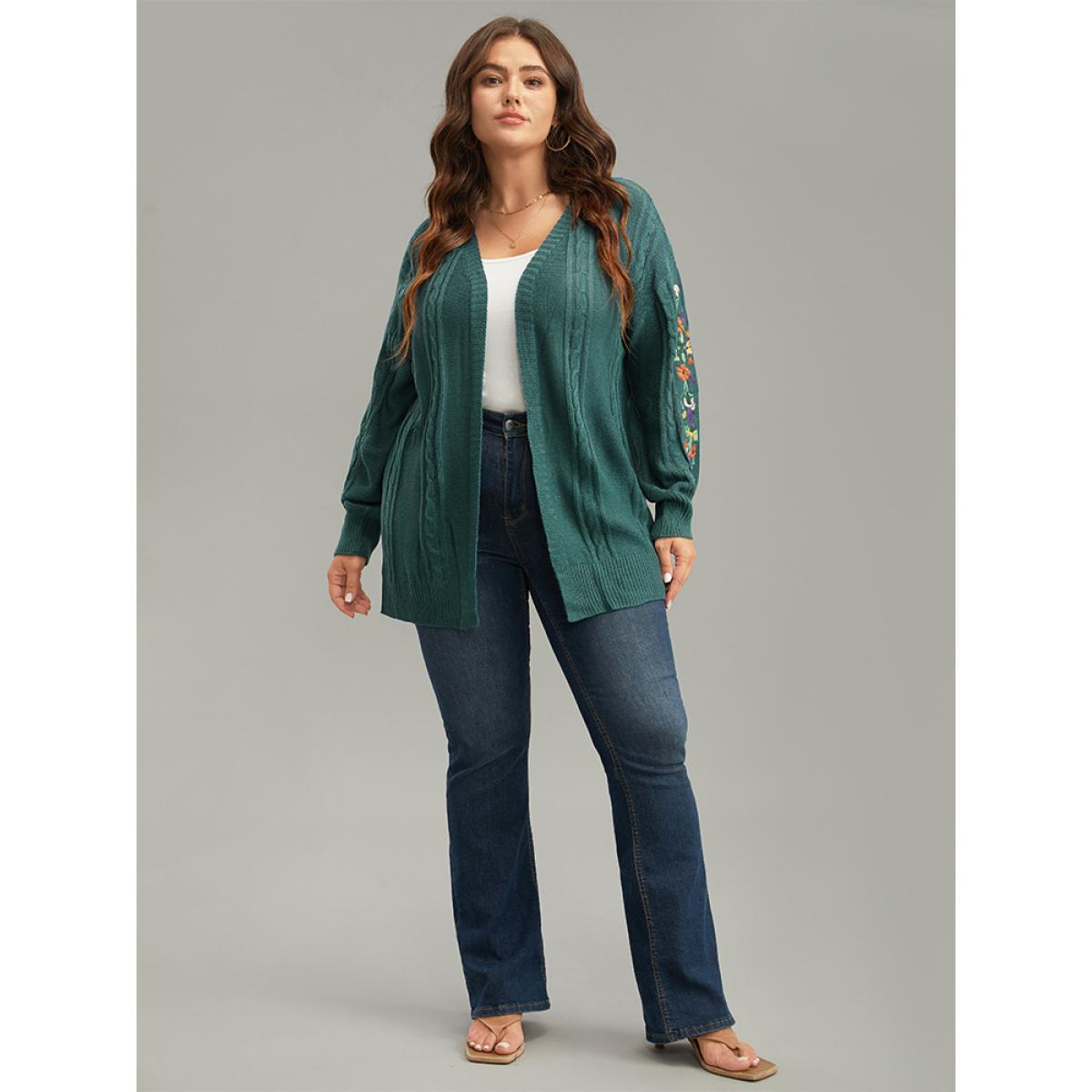Plus Size Floral Embroidered Cable Knit Lantern Sleeve Cardigan DarkGreen Women Casual Loose Long Sleeve Dailywear Cardigans BloomChic 28/5X Product Image