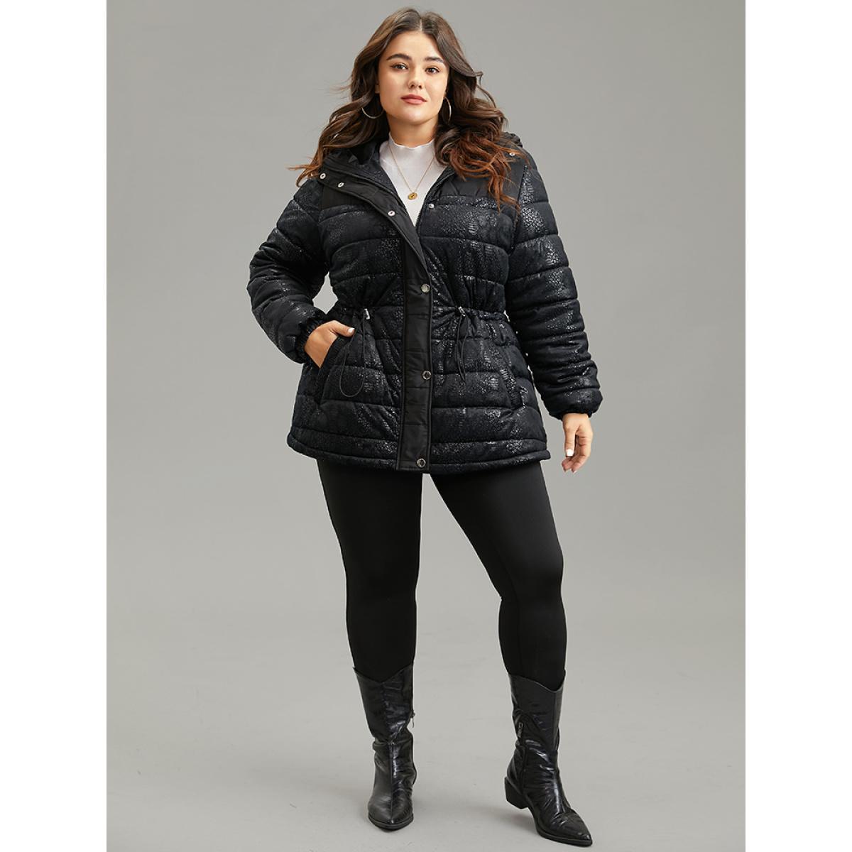 Plus Size Patchwork Drawstring Button Up Glitter Padded Jacket Women Black Lined Pocket Dailywear Jackets BloomChic 28/5X Product Image