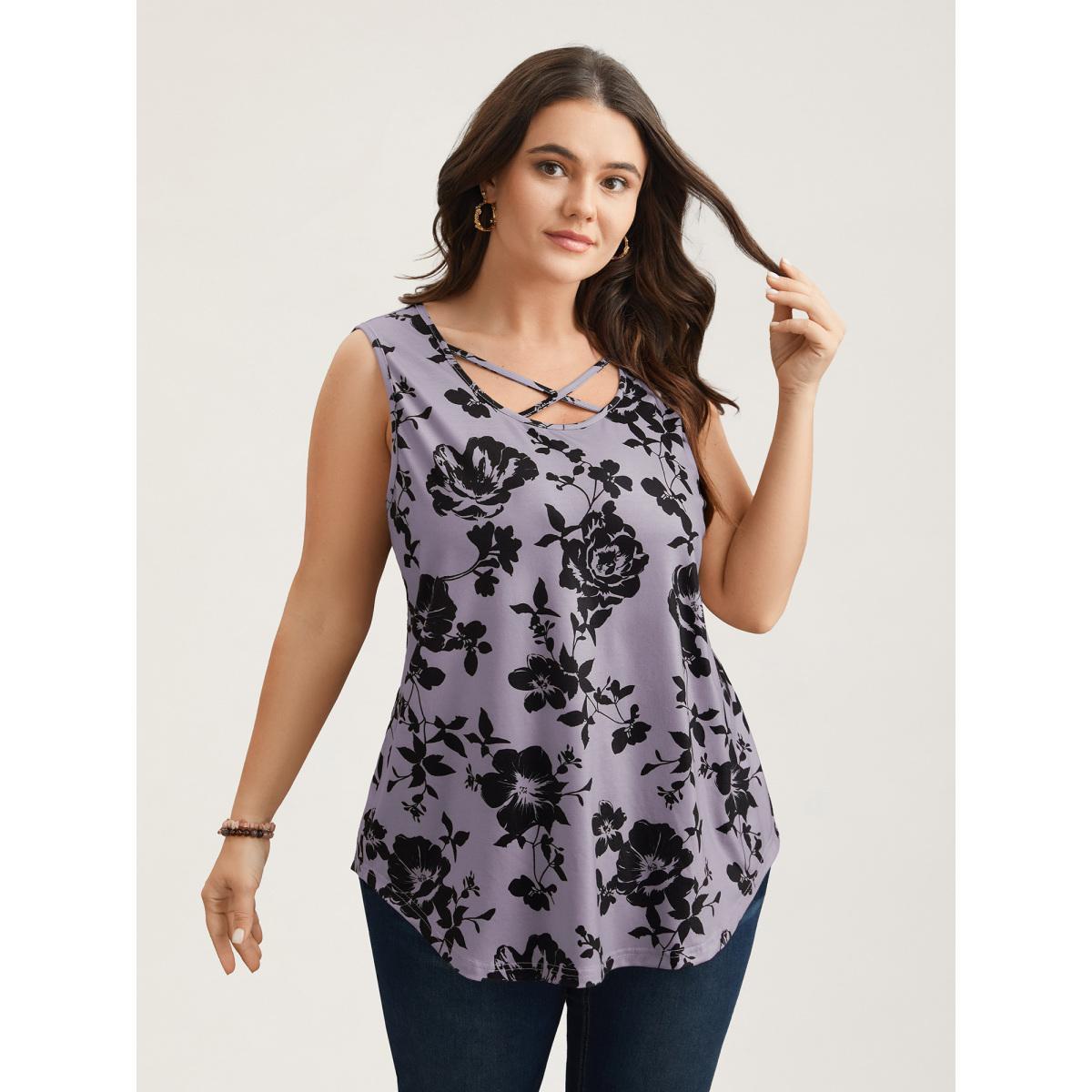 Plus Size Rosy Print Neck-Tie Fitted Vest Women Multicolor Elegant Contrast U-neck Everyday Tank Tops Camis BloomChic 30/6X Product Image