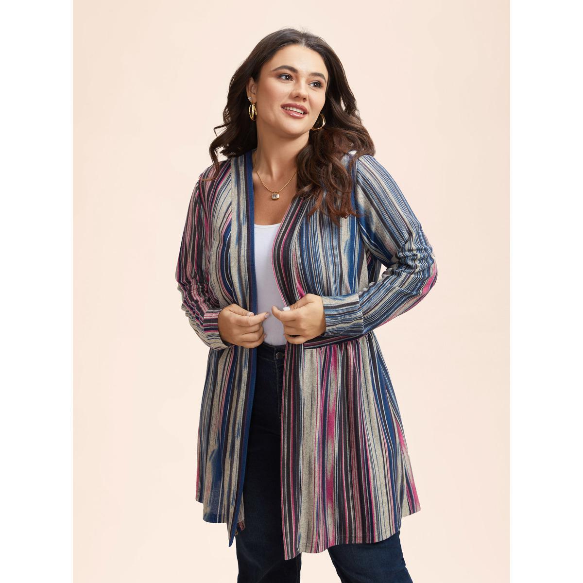 Plus Size Colored Striped Open Front Waist Defining Jacket Women DarkBlue Contrast Bodycon Side seam pocket Everyday Jackets BloomChic 26/4X Product Image
