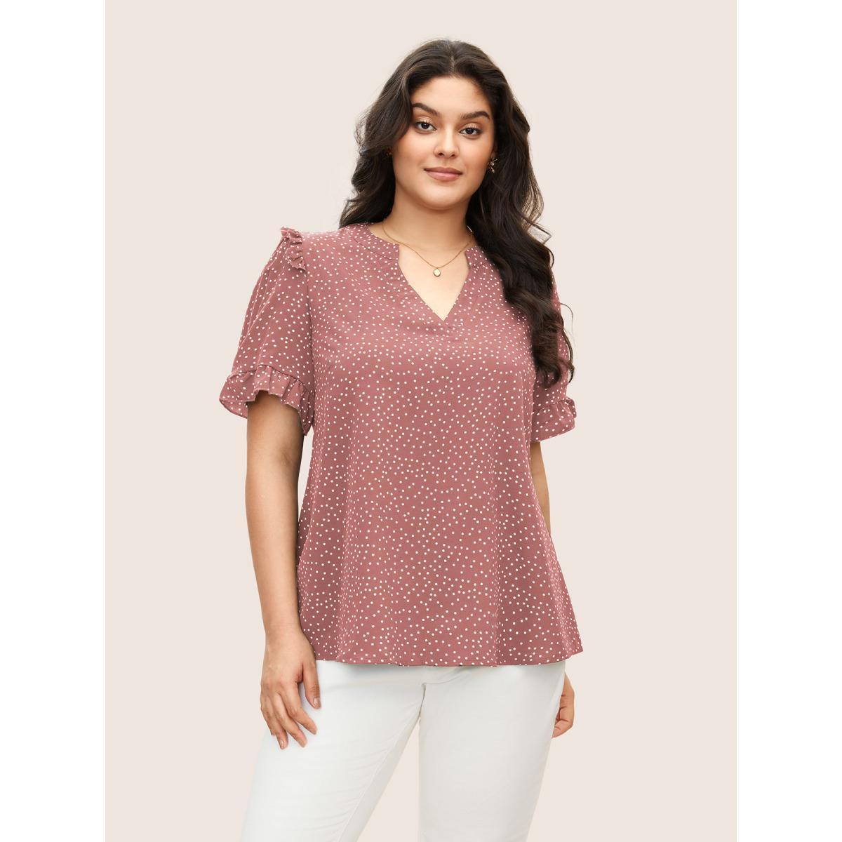 Polka Dot Ruffles Plus Size Women Blouses Elegance Casual Ruffles Ruffle Sleeve Short Sleeve V Neck Dailywear Blouses BloomChic Product Image