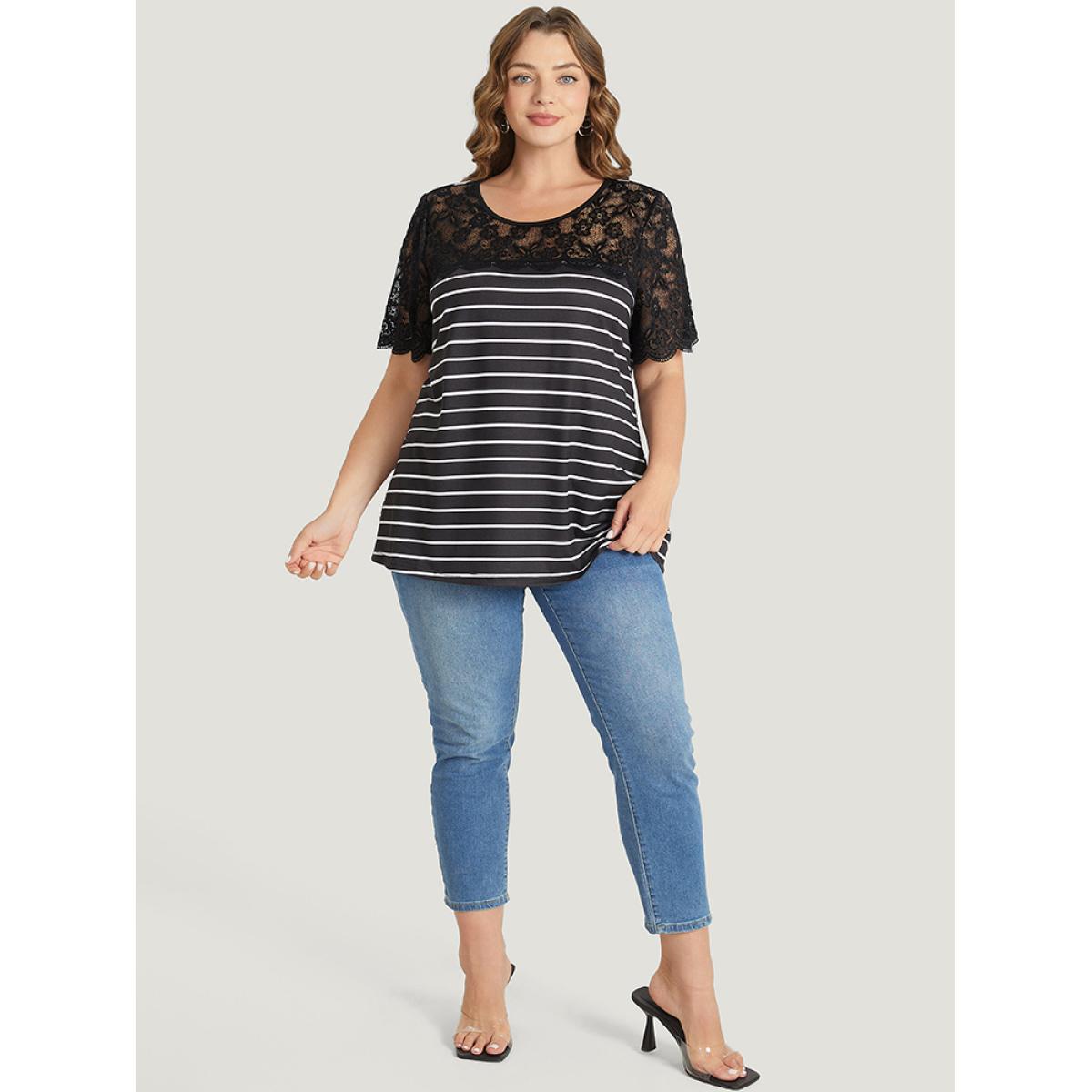 Plus Size Striped Patchwork Lace Scalloped Trim T-shirt Black Women Elegant Contrast Striped Round Neck Dailywear T-shirts BloomChic 18-20/2X Product Image