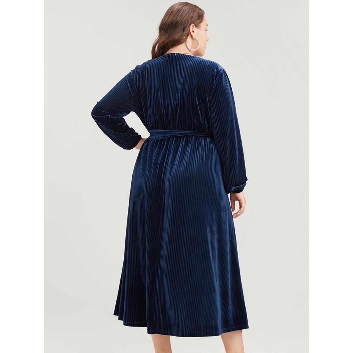 Plus Size Striped Velvet Pocket Lantern Sleeve Belted Wrap Dress DarkBlue Women Glamour Pocket V-neck Long Sleeve Curvy Midi Dress BloomChic 26/4X Product Image