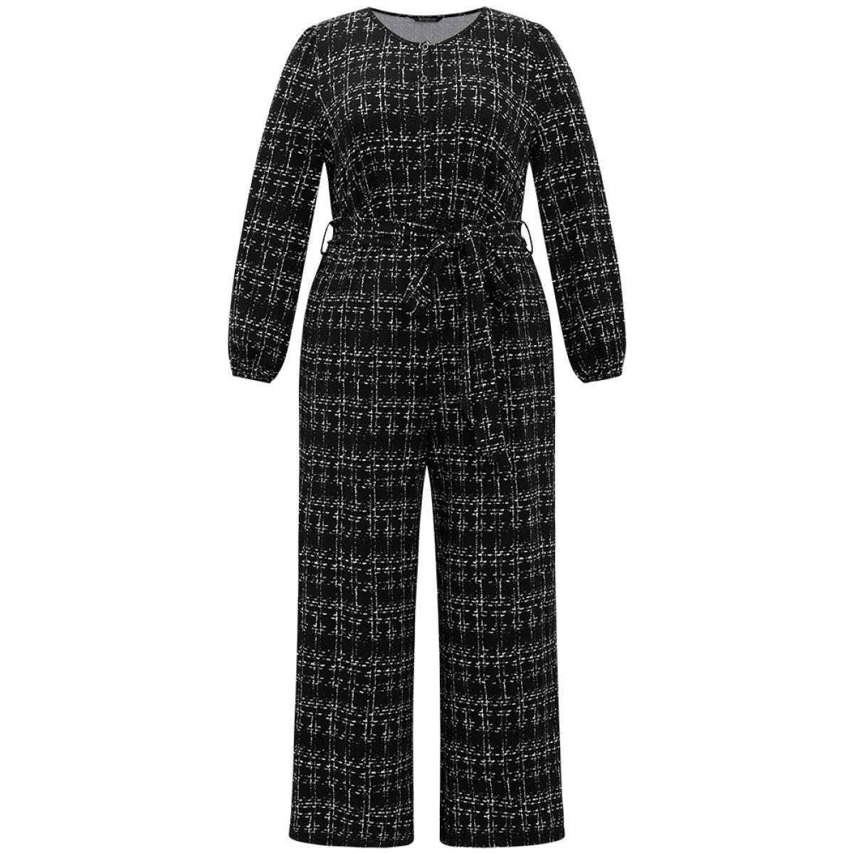 Plus Size Black Textured Button Up Elastic Waist Belted Jumpsuit Women Office Long Sleeve Round Neck Work Loose Jumpsuits BloomChic 18-20/2X Product Image