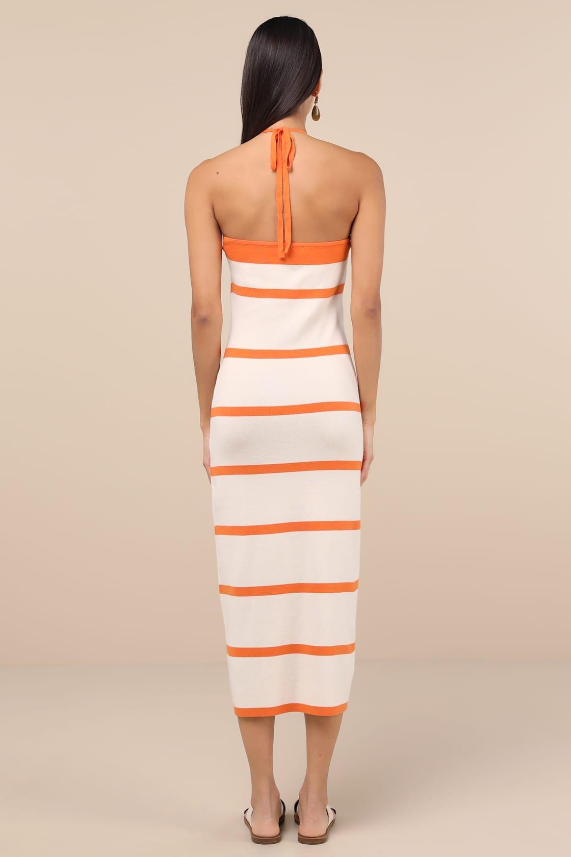 Friendly Cutie Orange and Ivory Striped Knit Halter Midi Dress Product Image
