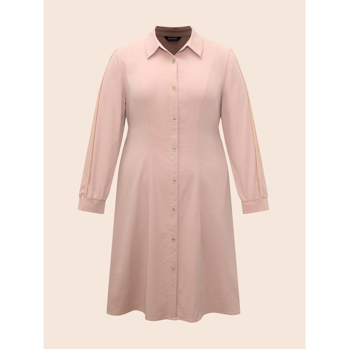 Plus Size Shirt Collar Shirred Woven Ribbon Dress Crepe Women Elegant Woven ribbon&lace trim Shirt collar Long Sleeve Curvy BloomChic 14-16/1X Product Image